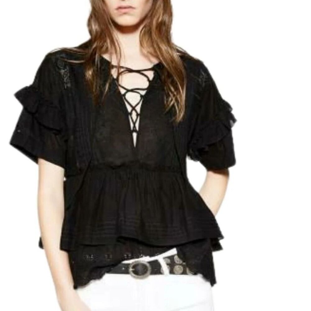 Kooples Ruffle Cotton Blouse Womens XS Black Short Sleeve Embroidery Whimsigoth